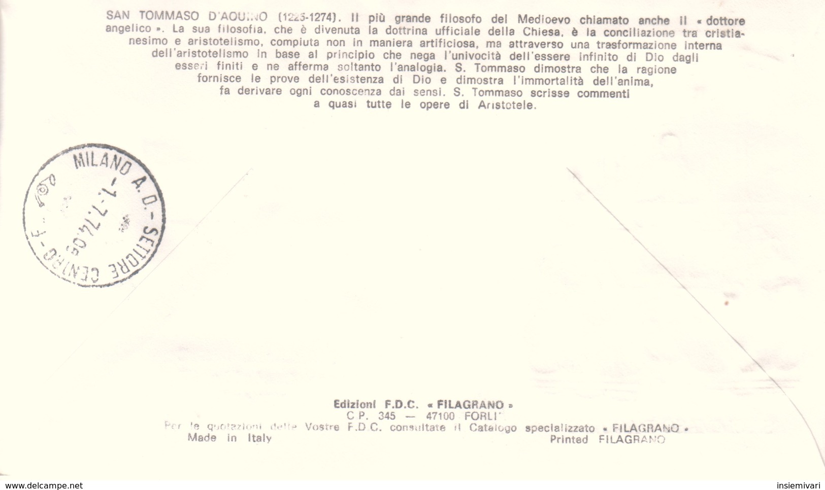 Vaticano 1974 FDC Filagrano San Tommaso D'Aquino Su Raccomandata. - FDC