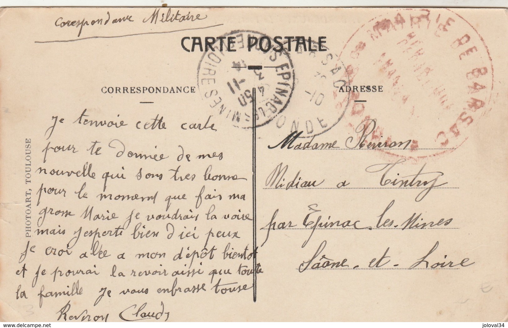 Cachet Mairie De Barsac Gironde 3/11/1914 Correspondance Militaire Sur Carte Postale Pour Epinac Les Mines Saône Et Loir - WW I