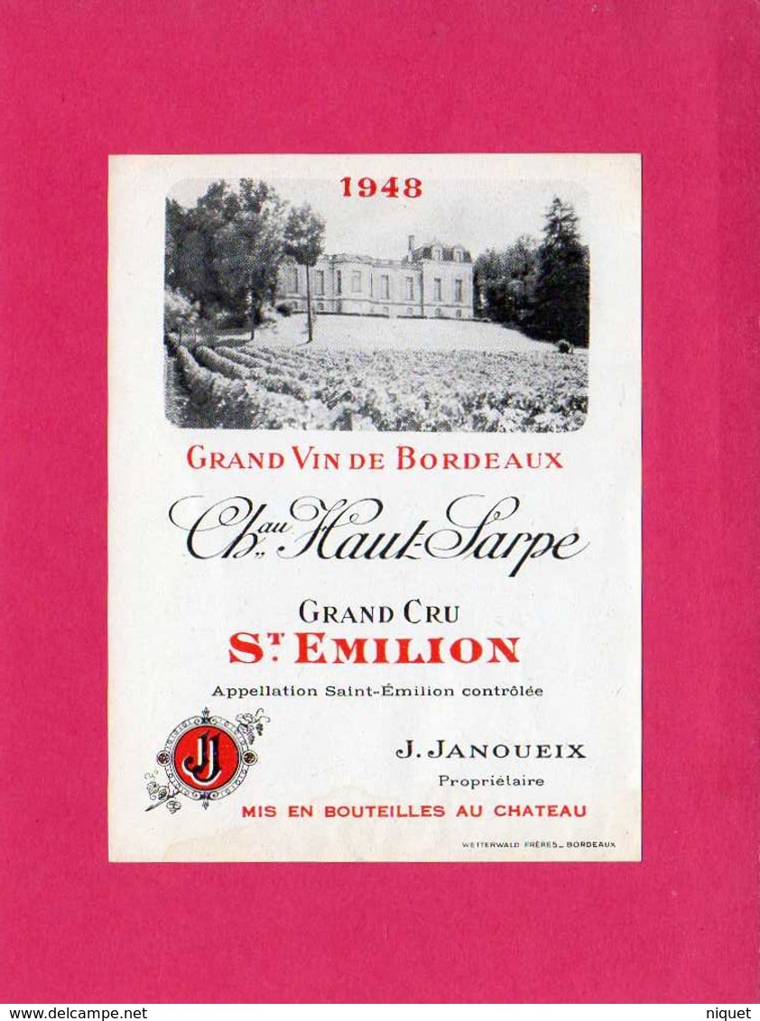 Etiquette Vin, Grand Cru Saint-Emilion, Château Haut-Sarpe, 1948 - Lots & Sammlungen