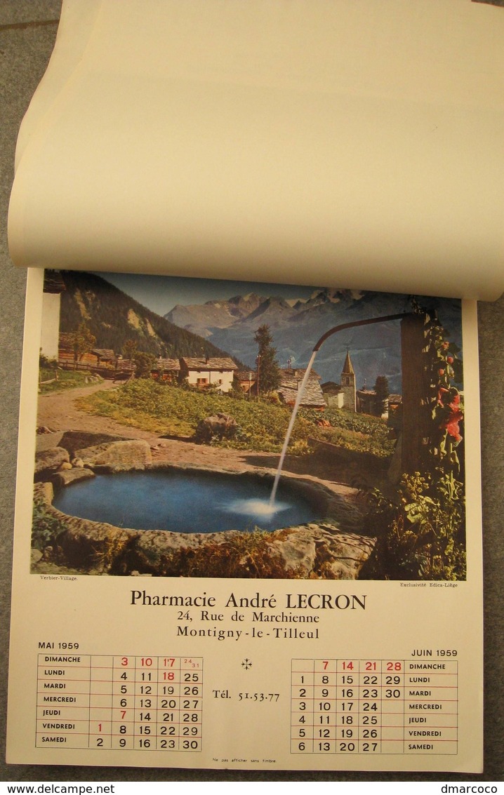 Calendrier 1959 Pharmacie André Lecron Montigny Le Tilleul - Big : 1941-60