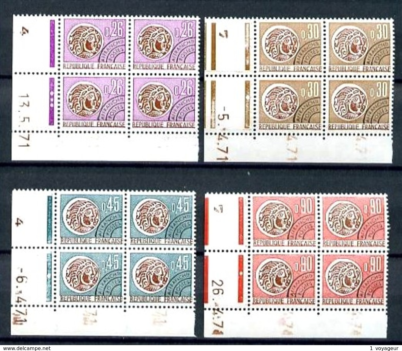 Préos. 130 / 133 - 2ème. Série Monnaie Gauloise - 4 Blocs De 4 CDF Datés - Neufs N** - Très Beaux. - Préoblitérés