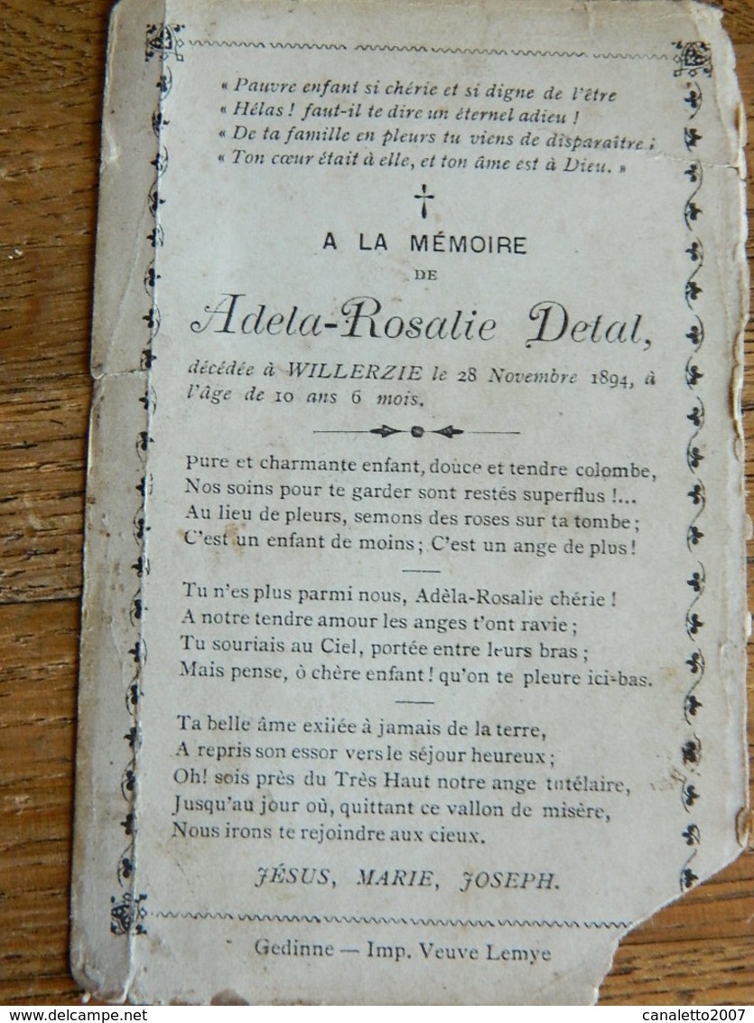 WILLERZIE:SOUVENIR DE DECE DE ADELA ROSALIE DETAL 1884-1894 A L'AGE DE 10 ANS 1/2 - Devotieprenten