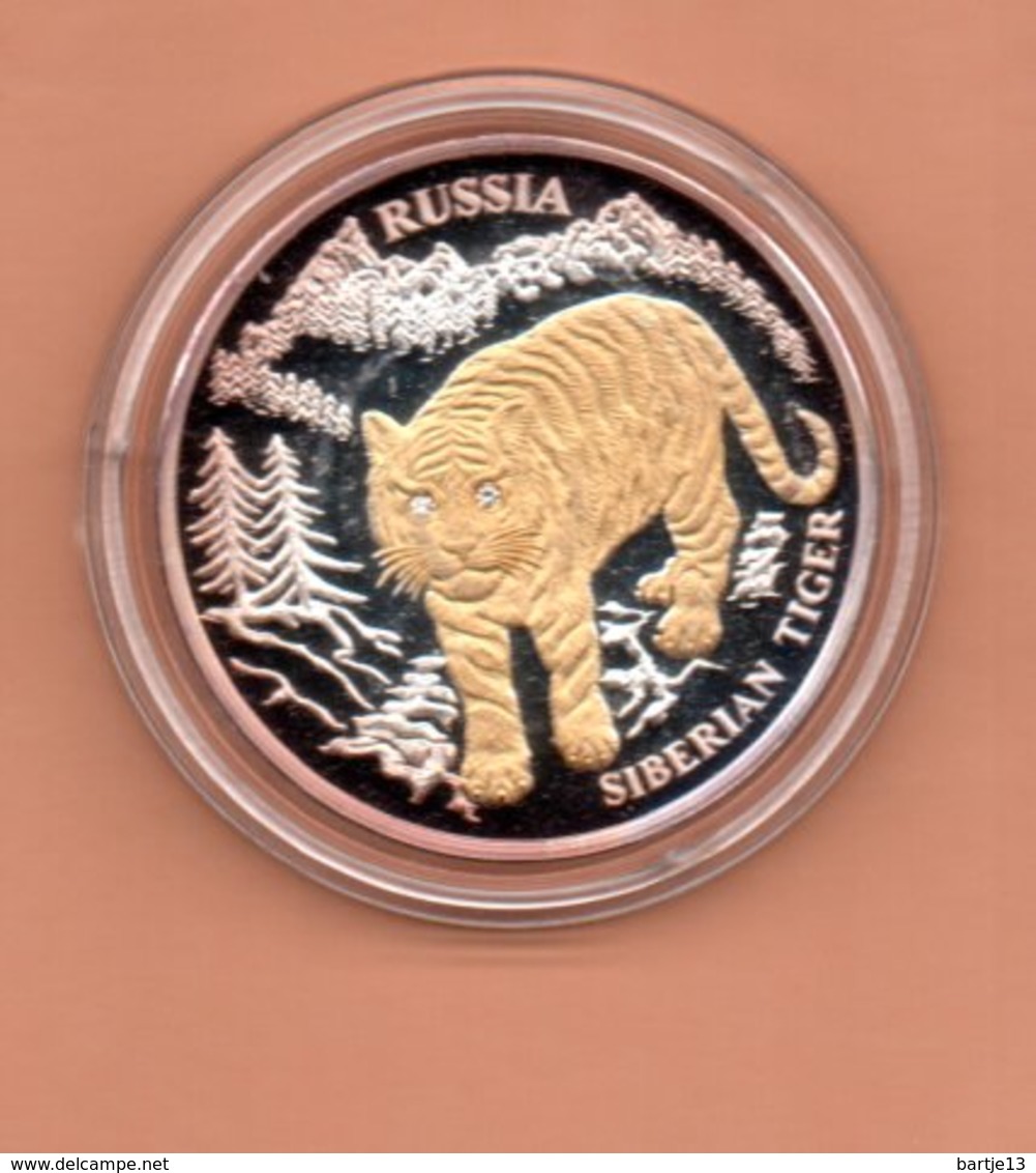 LIBERIA $10 2004 RUSLAND SIBERISCHE TIJGER SILVER PROOF MET 24 KT GOUD EN DIAMANT IN OGEN ZEER KLEINE OPLAGE - Liberia