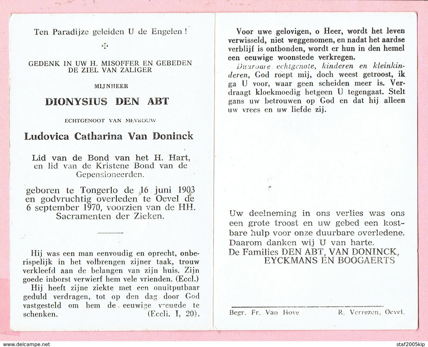 Bidprentje - Dionysius DEN ABT Echtg. Ludovica Catharina VAN DONINCK - Tongerlo 1903 - Oevel 1970 - Religione & Esoterismo