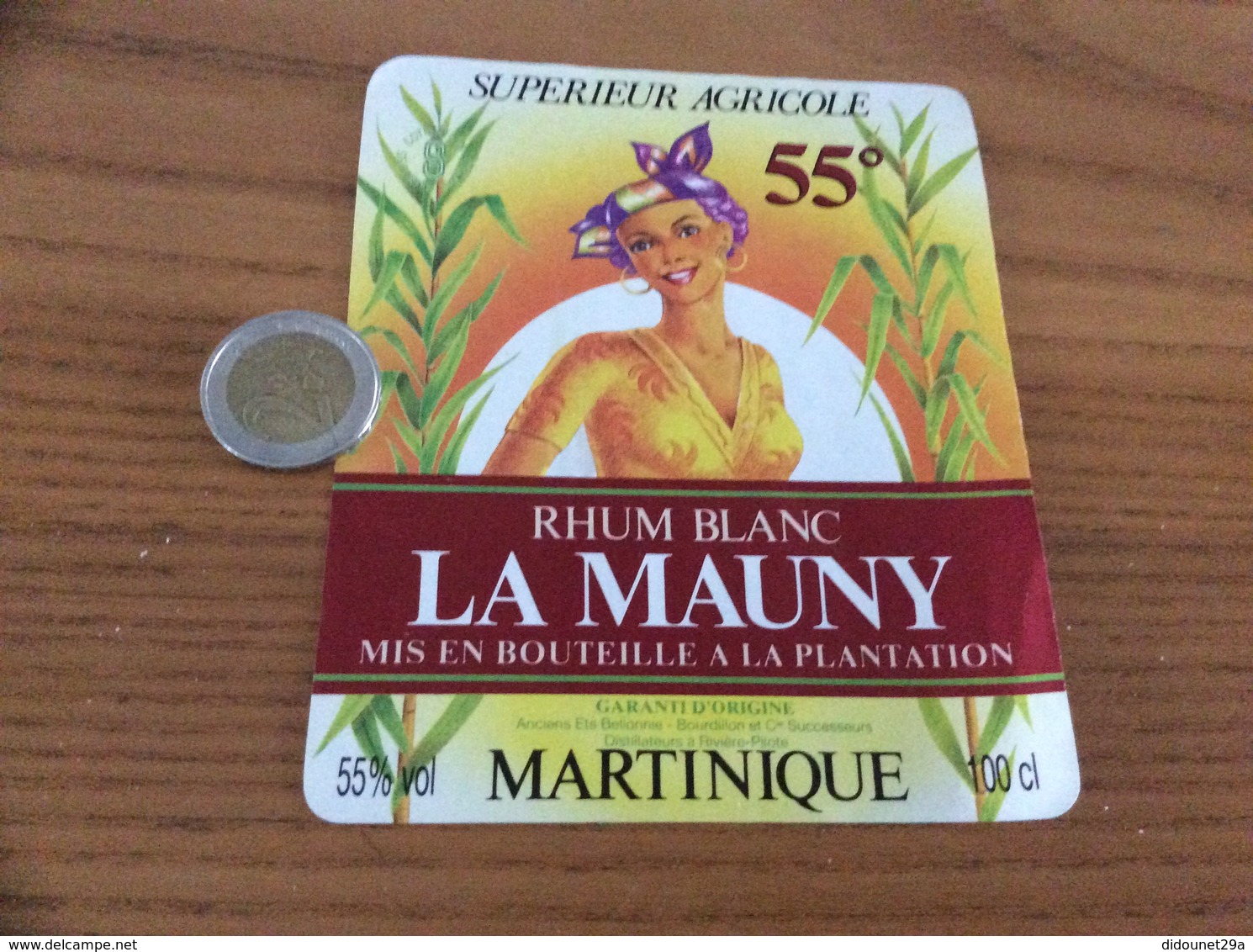 Etiquette 55% «RHUM - LA MAUNY - MARTINIQUE - Anciens Ets Bellonnie Bourdillon Et Cie - Rivière-Pilote » - Rhum