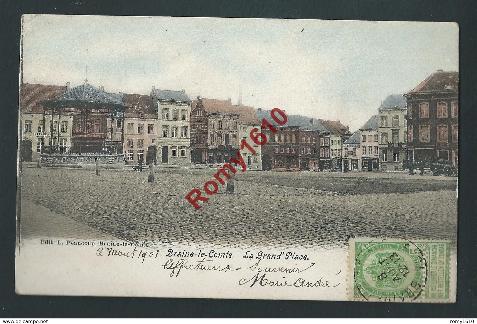 Branine-le-Comte.La Grand'Place En Couleur. Edit. Peaucoup. 1903. - Braine-le-Comte