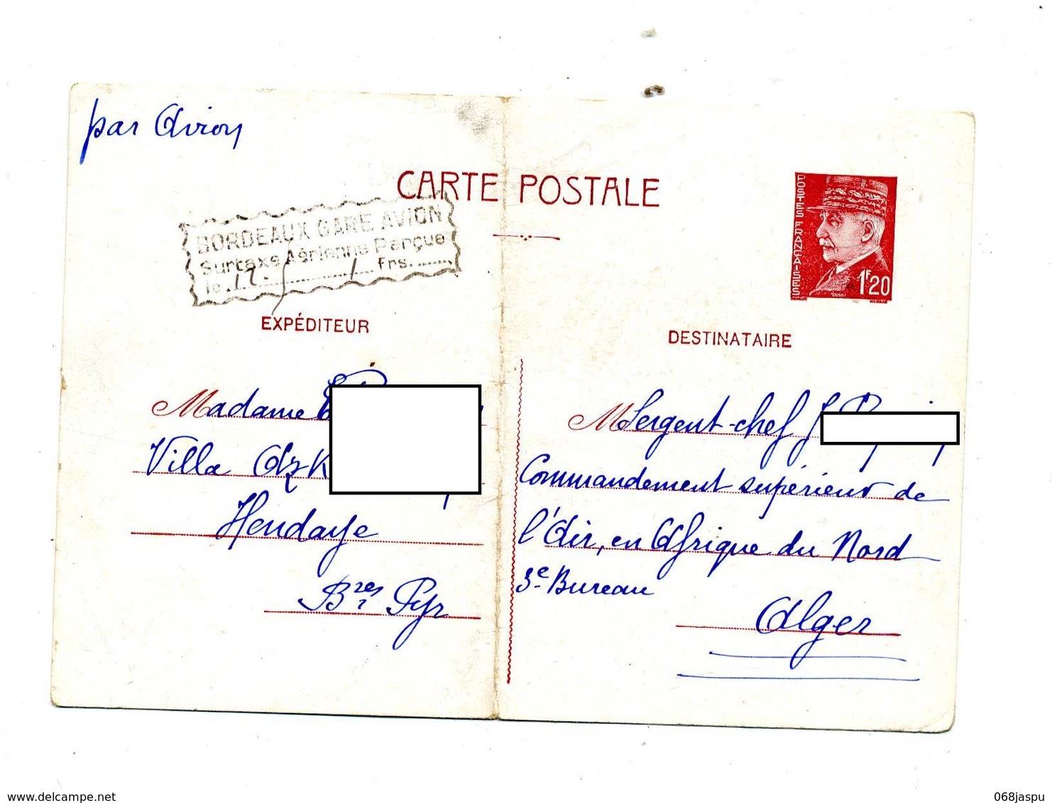 Carte Postale 1F20 Petain  Cachet Bordeaux Surtaxe Aerienne 1942 Pour Alger  Plié - Standard Postcards & Stamped On Demand (before 1995)