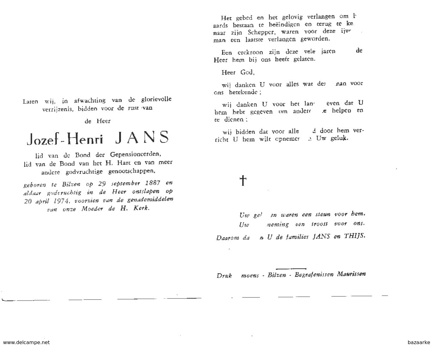 JOZEF - HENRI JANS ° BILZEN 1887 + 1974 / FAMILIE JANS - THIJS - Devotieprenten