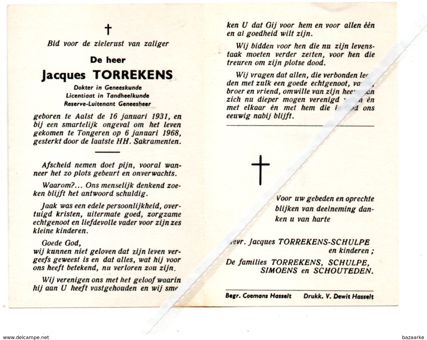 JACQUES TORREKENS ° AALST 1931 + TONGEREN 1968 / DOKTER IN DE GENEESKUNDE/ FAMILIE TORREKENS-SCHULPE - Devotion Images