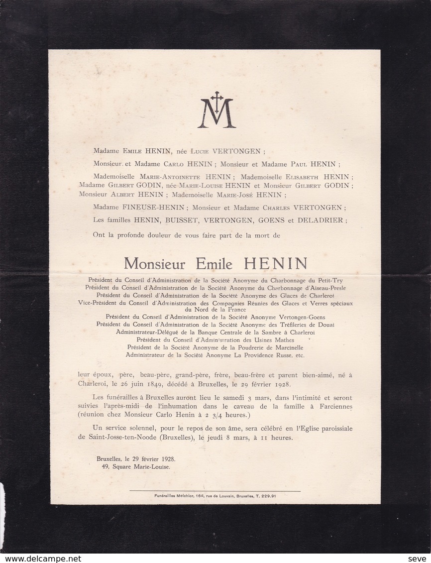 CHARLEROI FARCIENNES Emile HENIN 1840-1928 Charbonnages Aiseau-Presle Glaceries Poudreries Marcinelle Charleroi - Décès