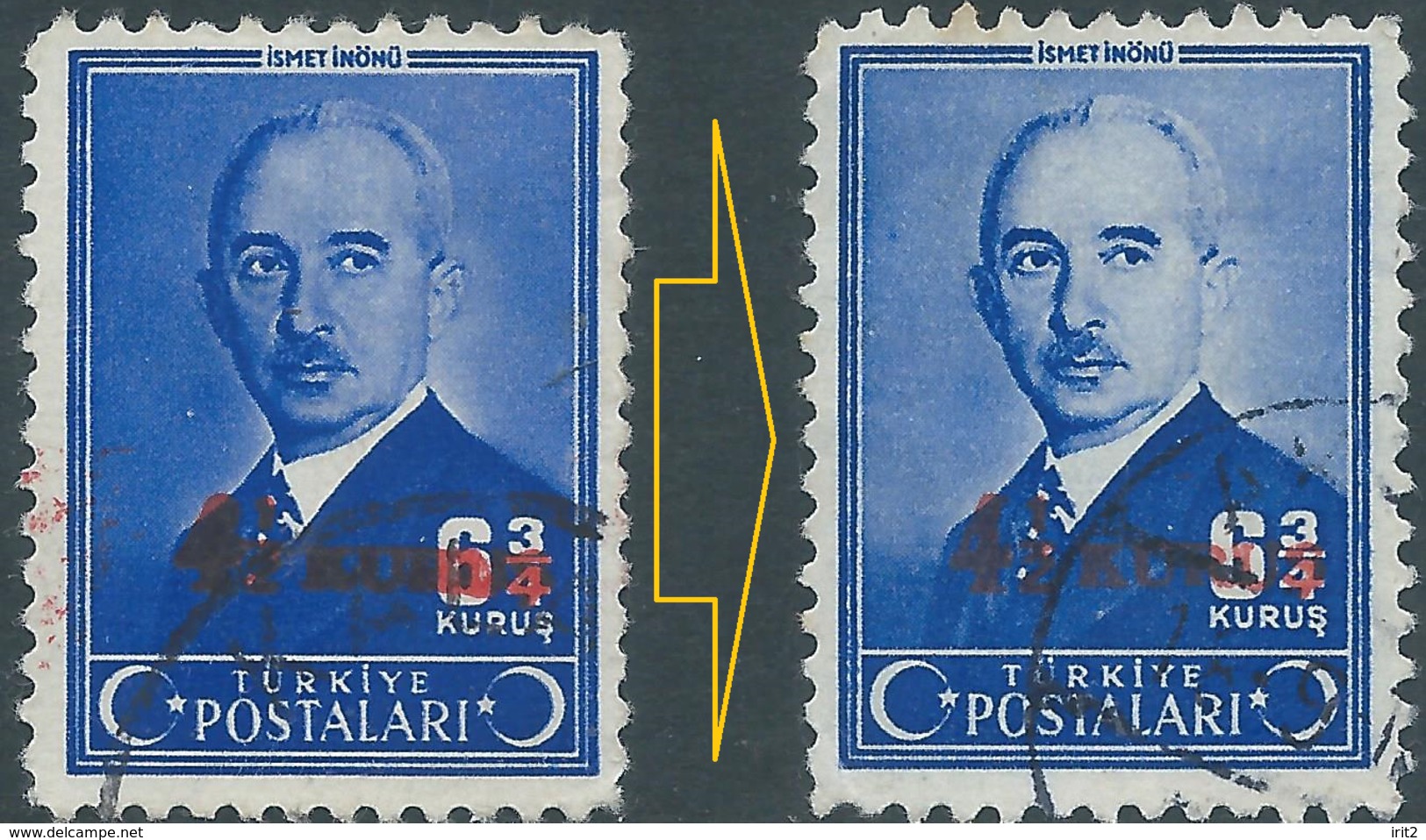 Turchia Turkey 1945 President Inonu,Surcharged Red"4.50/6¾ (K)/K,dark Overseas,Variety Of Color,typographical Error, - Oblitérés