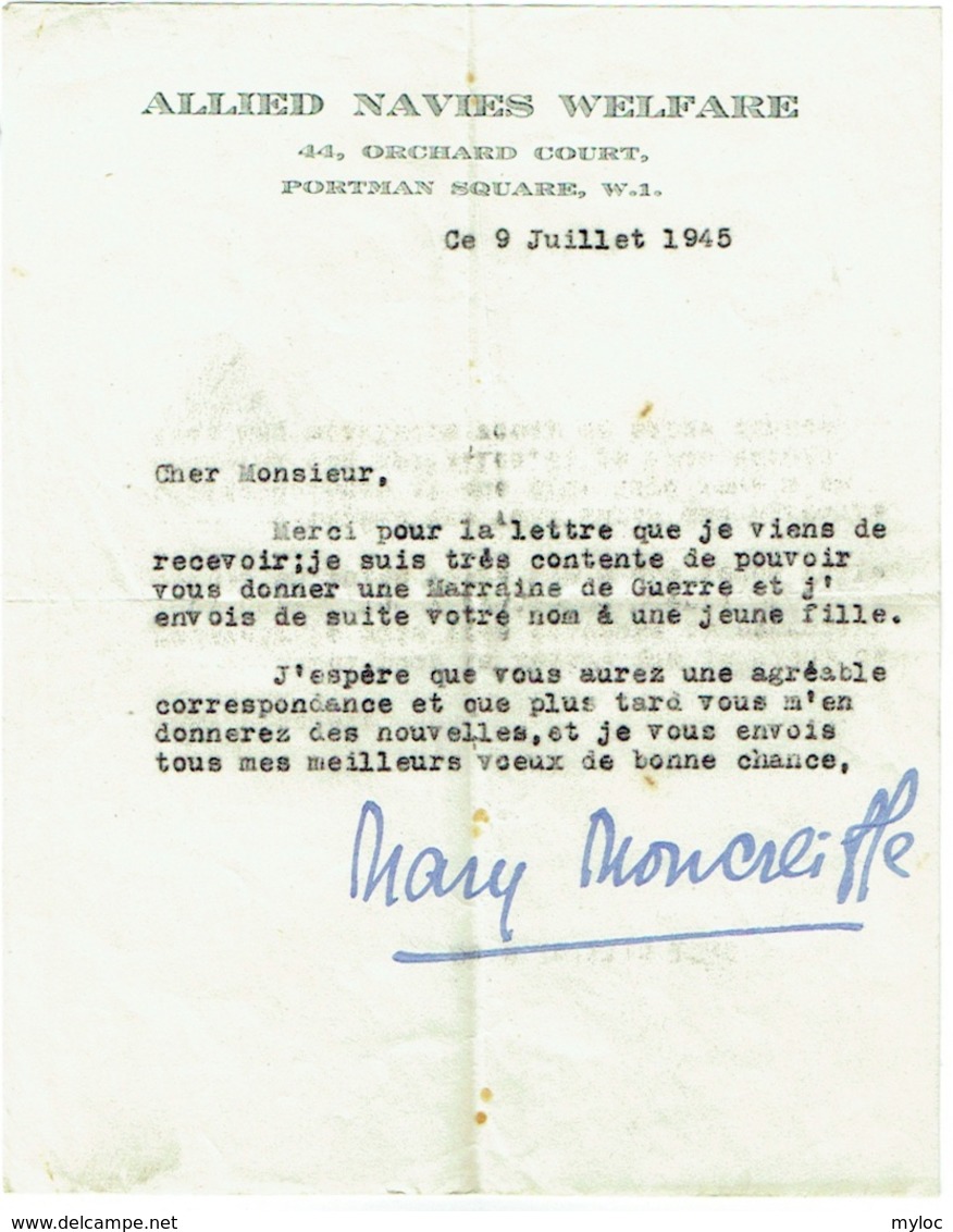 Militaria. Document 1945. Allied Navies Welfare. Marraine De Guerre. - Documents