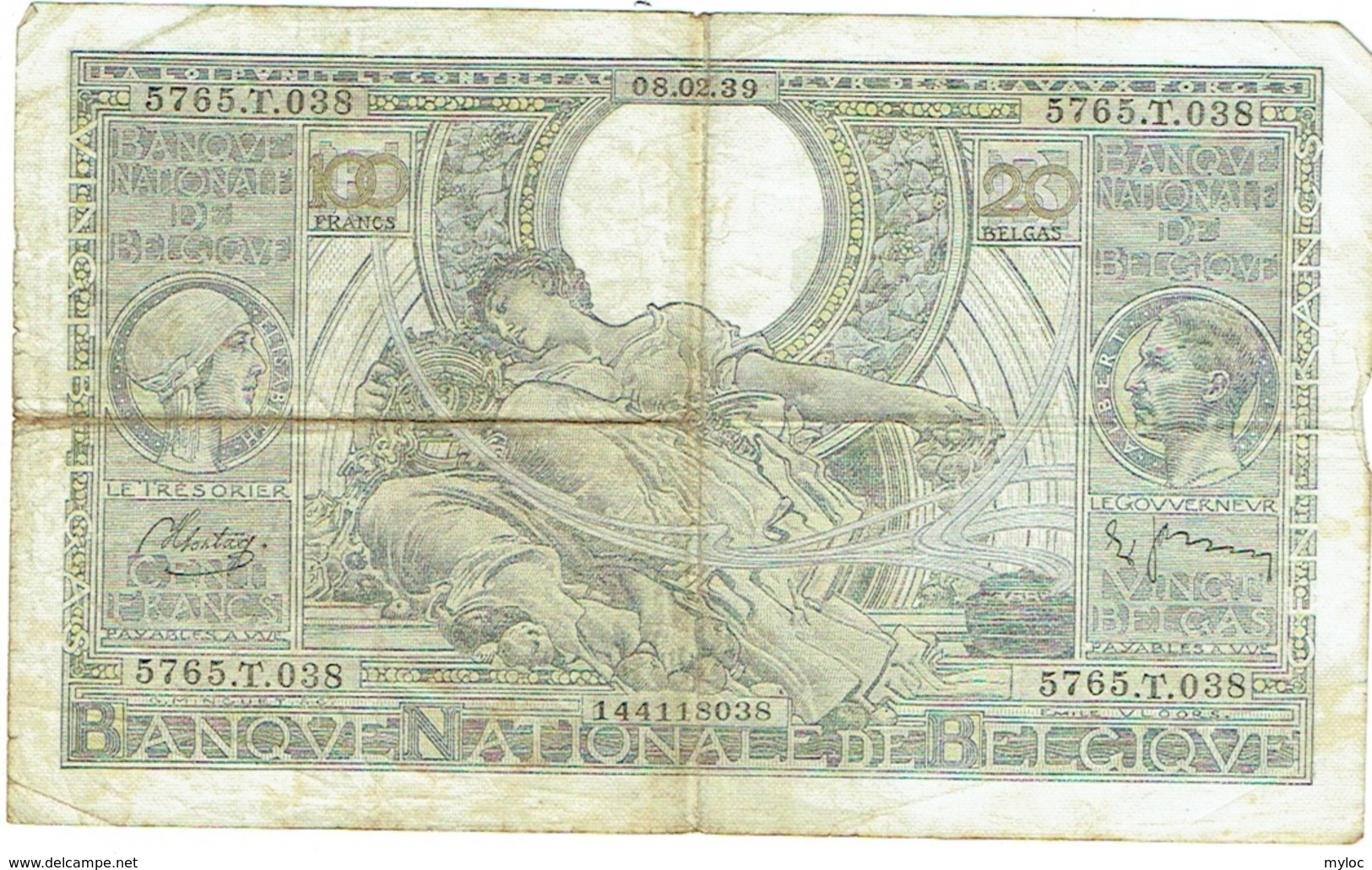 Billet. Belgie/Belgique. 100 Francs. 20 Belgas. 08.02.39. - 100 Frank & 100 Frank-20 Belgas