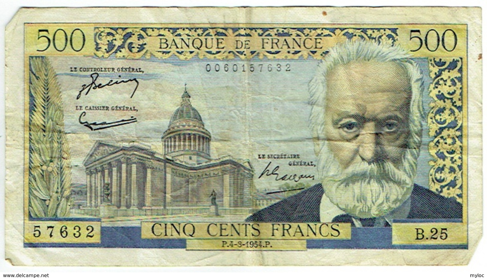 Billet. France. 500 Francs. Victor Hugo. 4-3-1954 - 500 F 1954-1958 ''Victor Hugo''