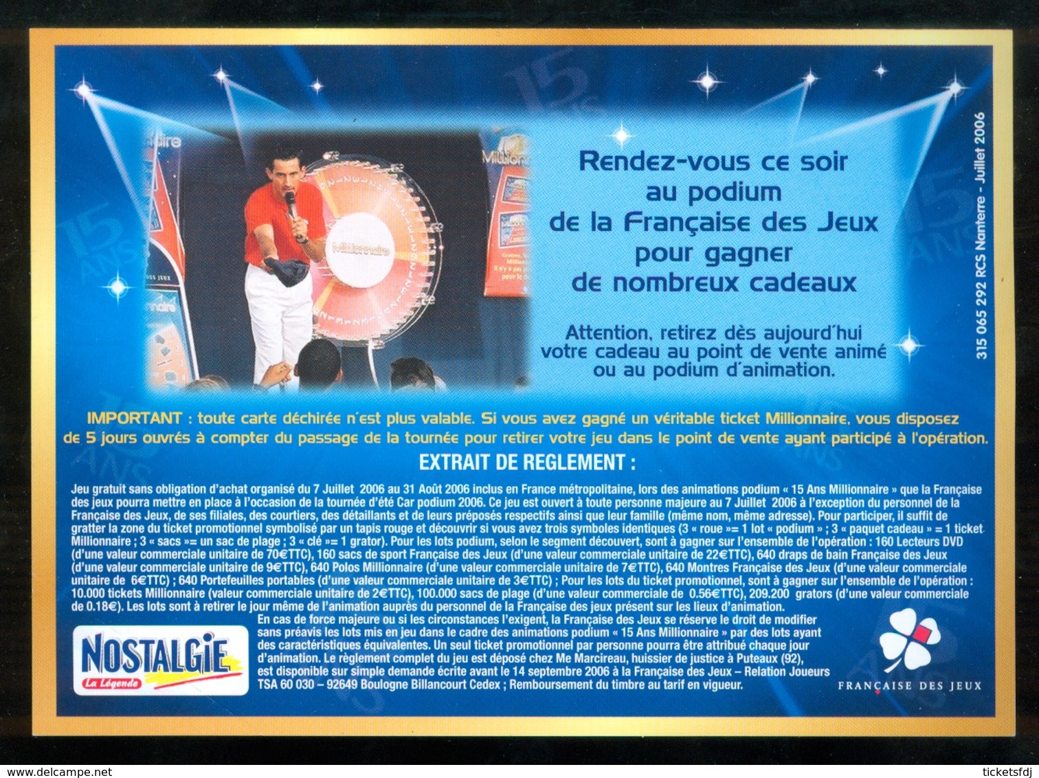 Promo FDJ - 15 Ans Du MILLIONNAIRE - 36105 Neuf - Billets De Loterie