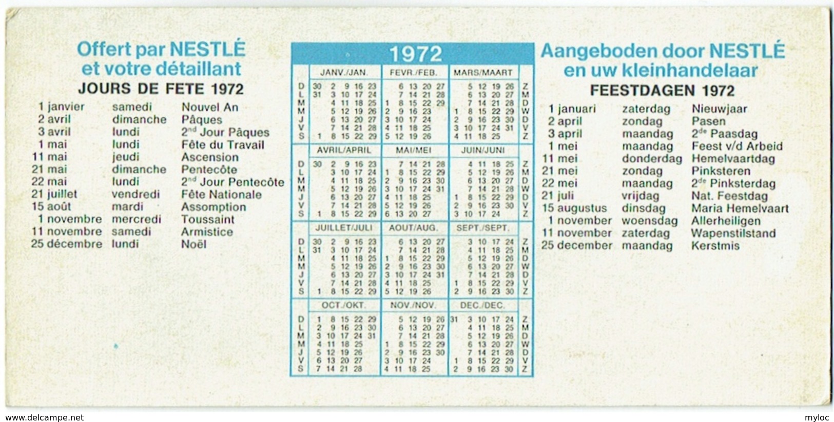 Calendrier Nestlé. Frill, Chocolat Fourré. 1972. - Autres & Non Classés