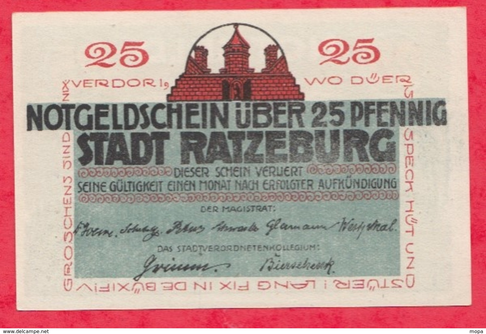 Allemagne 1 Notgeld De 25 Pfenning Stadt Ratzeburg UNC  N °2392 - Colecciones