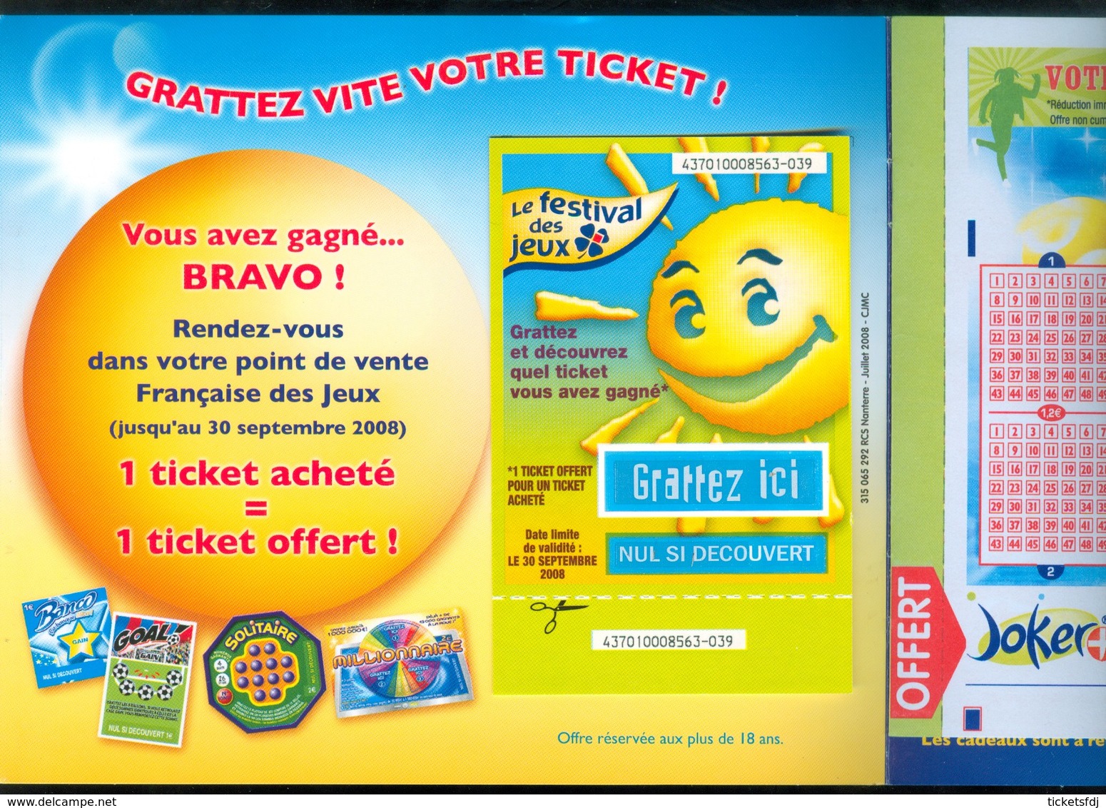 Promo FDJ - Tournée Des Plages 2008 - 43701 Vert Neuf + Grille Loto - Billets De Loterie