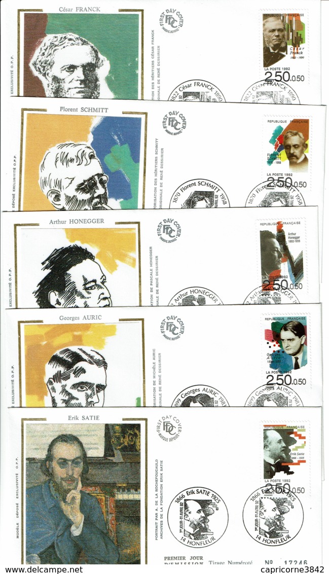 1992 - 5 Env FDC - MUSICIENS CELEBRES (Satie - Auric - Honegger - Schmitt - Franc) - Tp N°2747 à 2751 - Images Sur Soie - 1990-1999