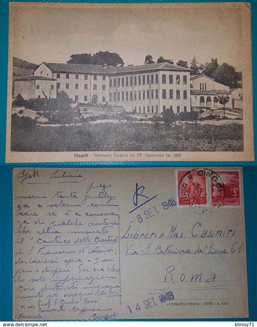 Cartolina Cingoli (Macerata) - Seminario Serafico Dei PP. Cappuccini. Viaggiata 1948 - Macerata