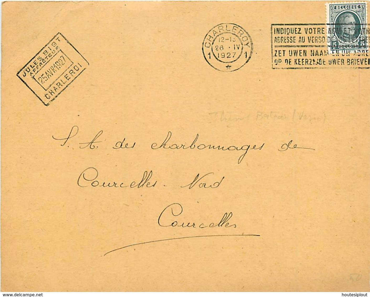 Belgique.  TP 193 (dont 1 Sans Signature) Sur 10 Imprimés Charleroi 1 > Courcelles 1927  Cours Des Frèts - 1922-1927 Houyoux