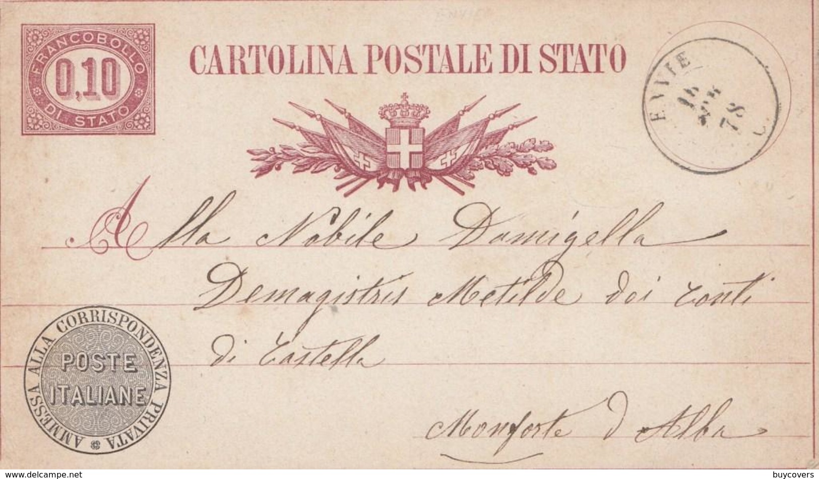 101 - REGNO - CARTOLINA POSTALE DI STATO Da Cent. 10 Del 1878 Da Envie (CN) A Monforte D'Alba - Entiers Postaux