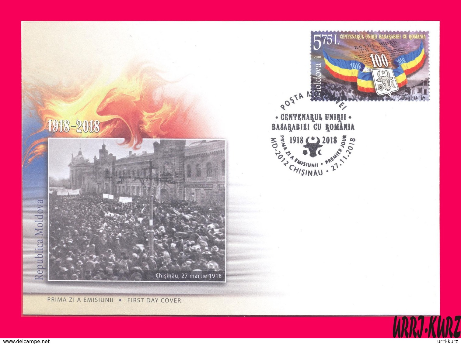 MOLDOVA 2018 Bessarabia With Romania Union Centenary History Flag Coat Of Arms Mi1069 Sc1005 FDC - Moldova