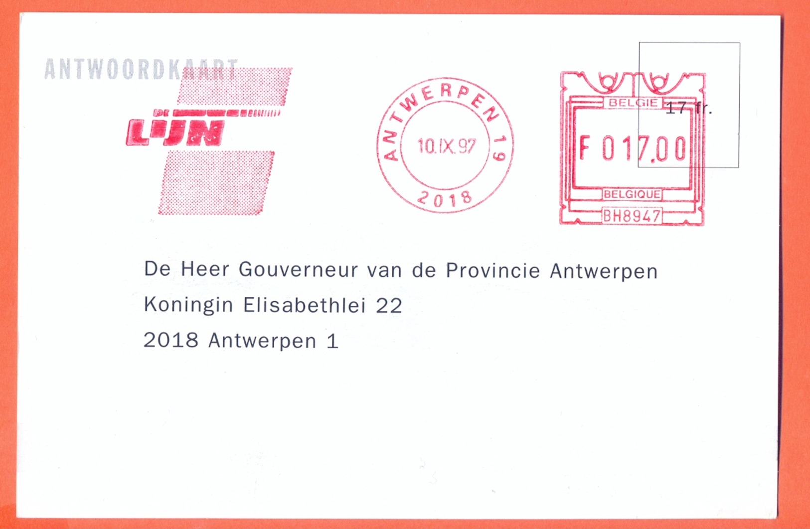 Belgium Nice Card De Lijn Bus Tram Transport 1997 Antwerpen - 1980-1999