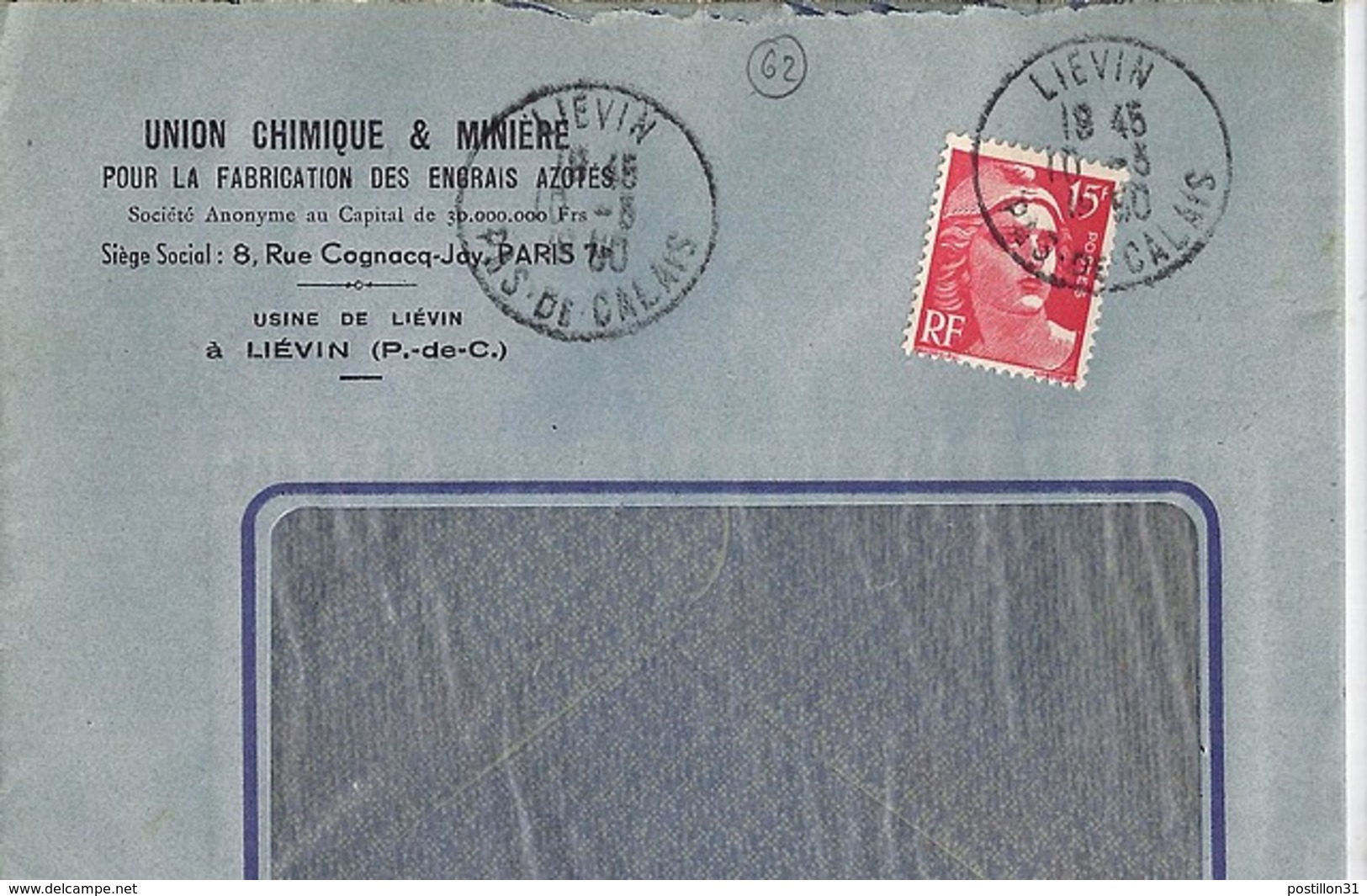 62 - PAS DE CALAIS - LIEVIN - 1950 -  TàD De Type A6 + ENTETE "UNION CHIMIQUE ET MINIERE ..." - Manual Postmarks