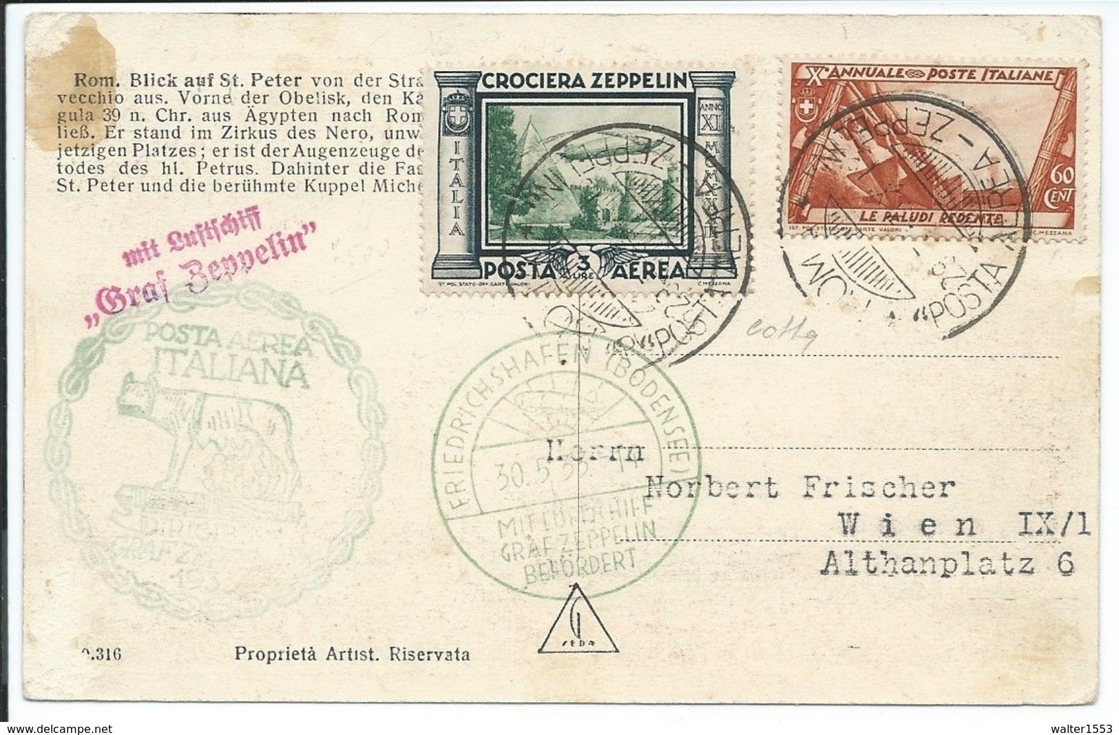 Storia Postale Posta Aerea Zeppelin 1933 (29 Maggio). Zeppelin- Volo Su Roma Cartolina Per Vienna. Firma Colla. - Poststempel (Zeppeline)