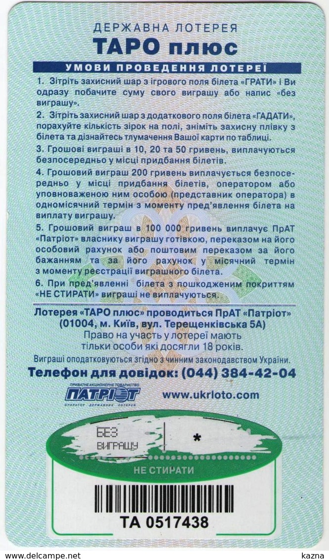 Ukraine Lottery Ticket Patriot Taro Plus 12 - Billets De Loterie