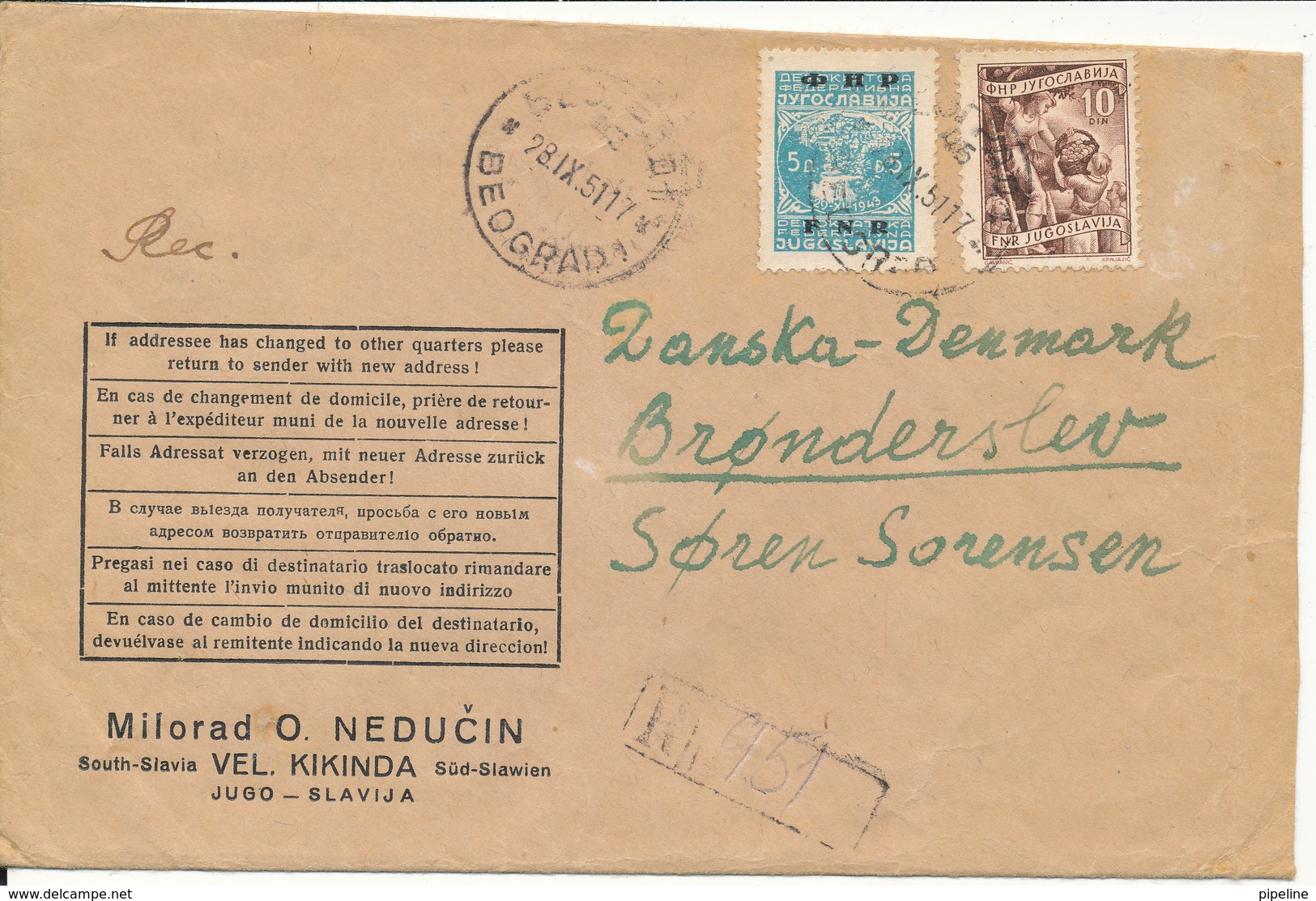 Yugoslavia Registered Cover Sent To Denmark Beograd 28-9-1951 - Covers & Documents