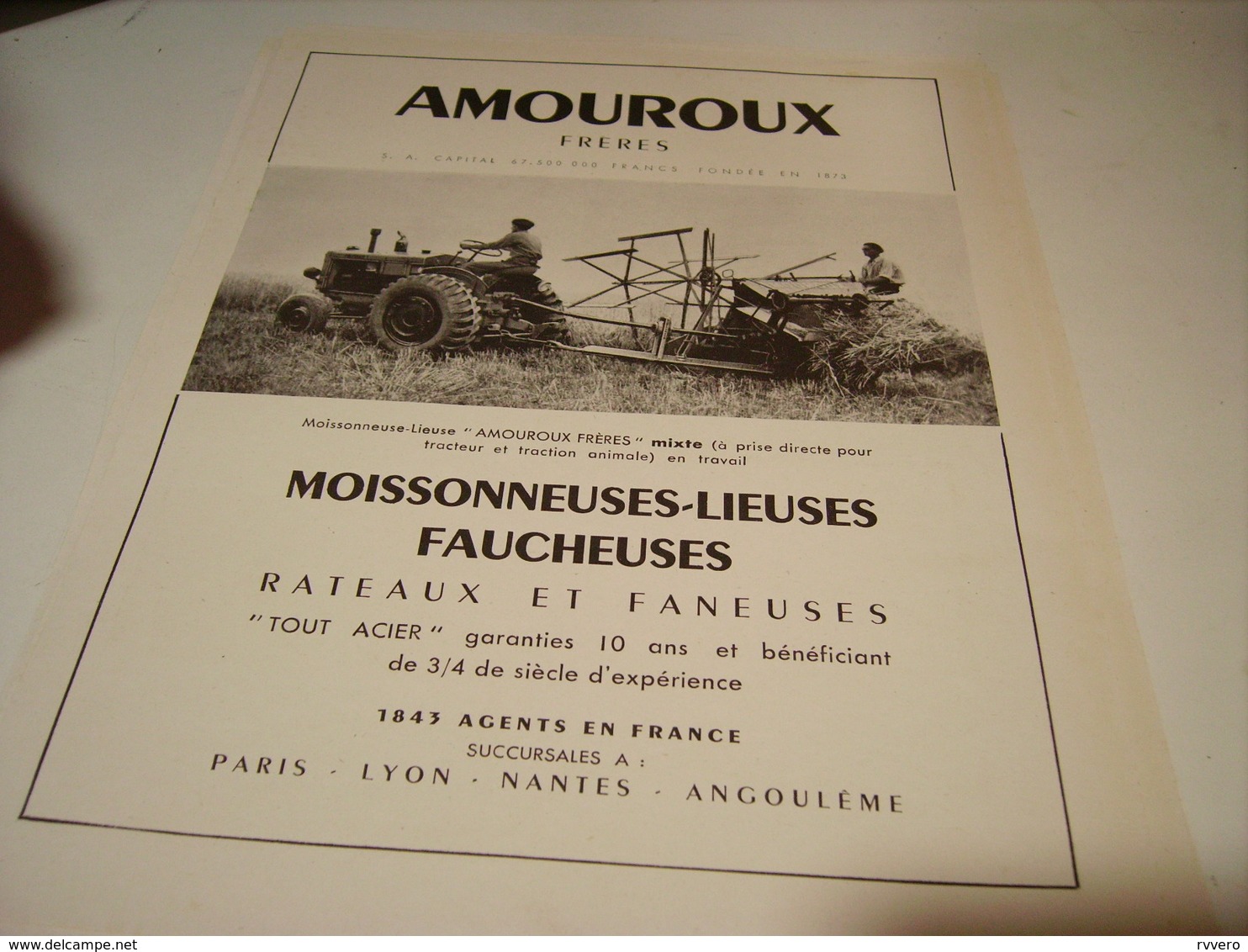 ANCIENNE PUBLICITE MOISSONNEUSES FAUCHEUSES DE AMOUROUX 1949 - Autres & Non Classés