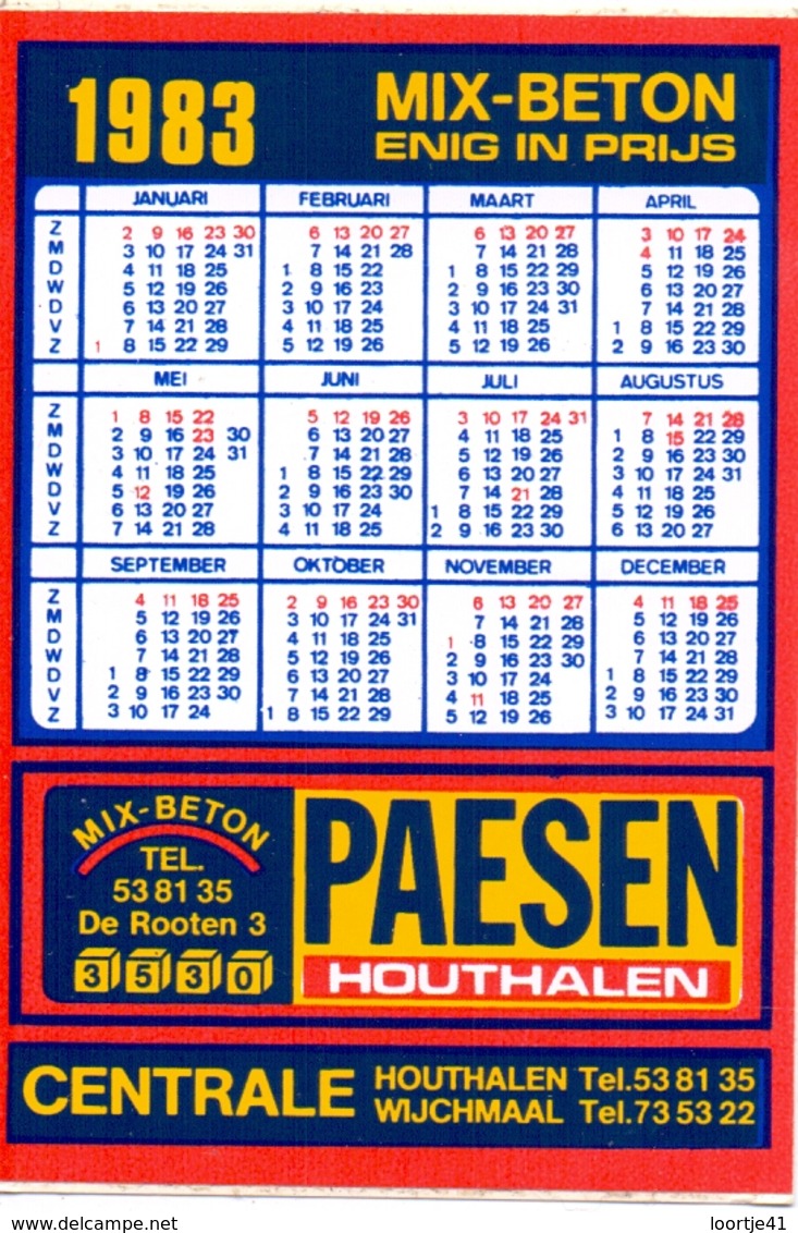 Kalender Calendrier - 1983 - Pub Reclame Mix Beton Paesen - Houthalen - Petit Format : 1981-90