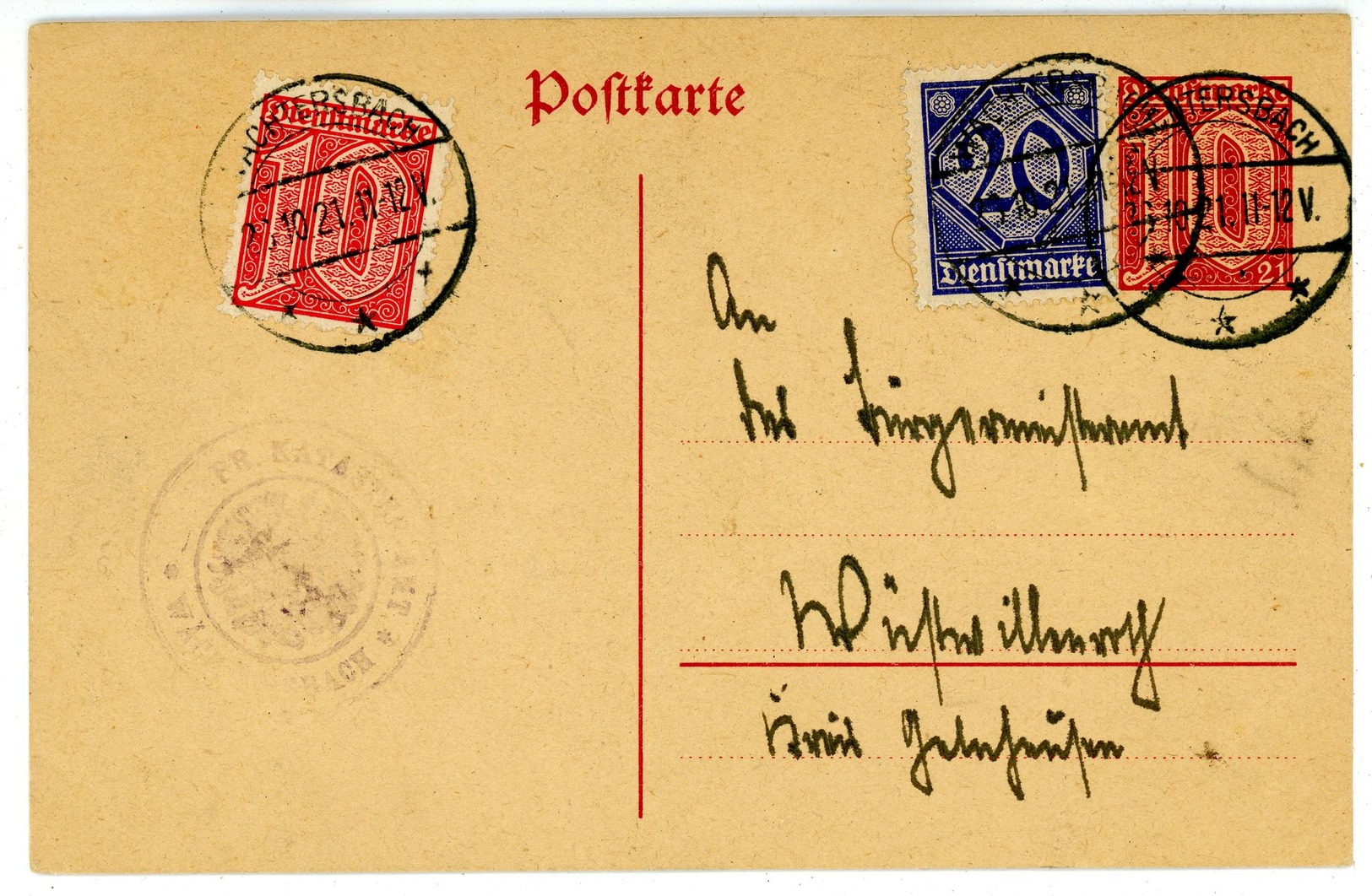 DP 1 + Zusatzfrankatur Aus "Wächtersbach" 1921 - Covers & Documents