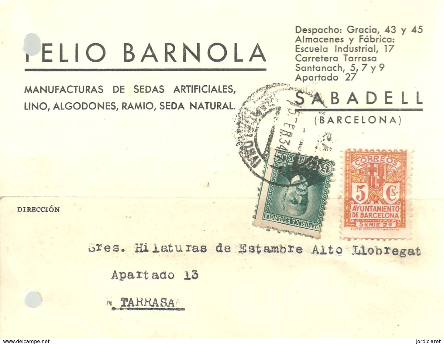 CARTA COMERCIAL  1934  SABADELL - Cartas & Documentos