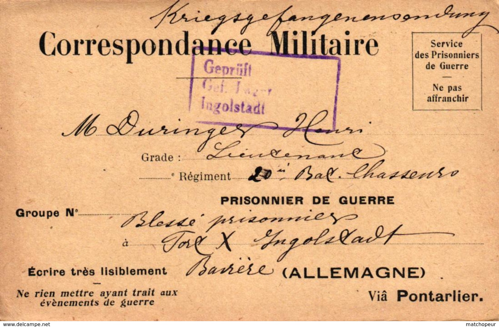 CORRESPONDANCE MILITAIRE - PRISONNIER DE GUERRE EN ALLEMAGNE - VIA PONTARLIER - Guerre 1914-18