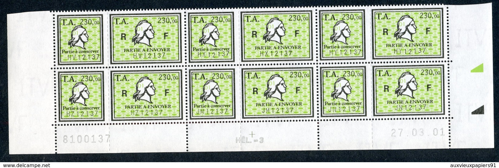 Timbre Fiscal (fiscaux) - Amendes N° 29 Neuf - Bas De Feuilles De 6 Timbres - Coin Daté Du 27 Mars 2001 - Autres & Non Classés