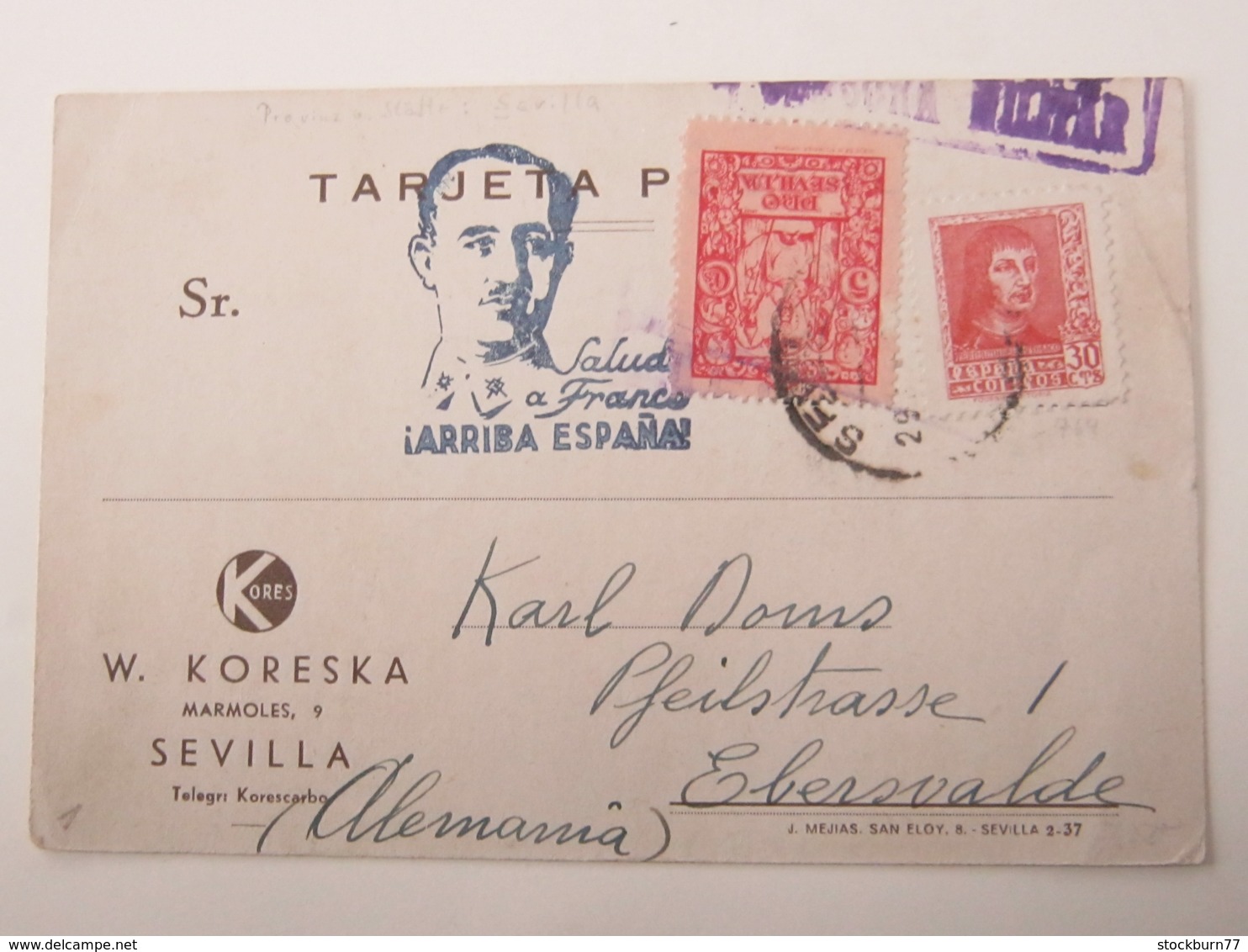 1938, Guerre , SEVILLA , Tarjeta Postale, Censurado A Alemania - Cartas & Documentos