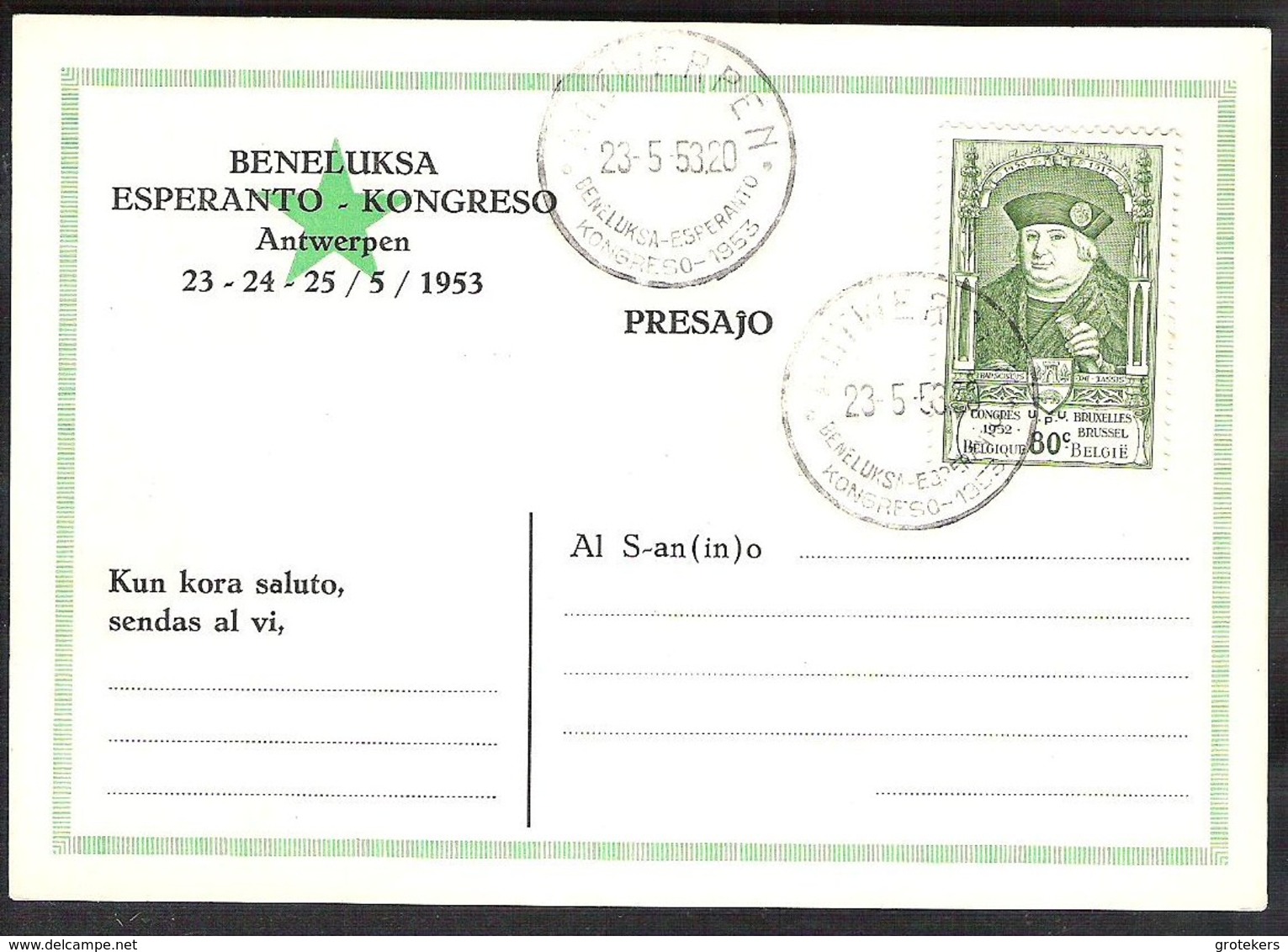 BELGUM Benelux Esperanto Congress 1953 With Special Cancellation - Andere & Zonder Classificatie