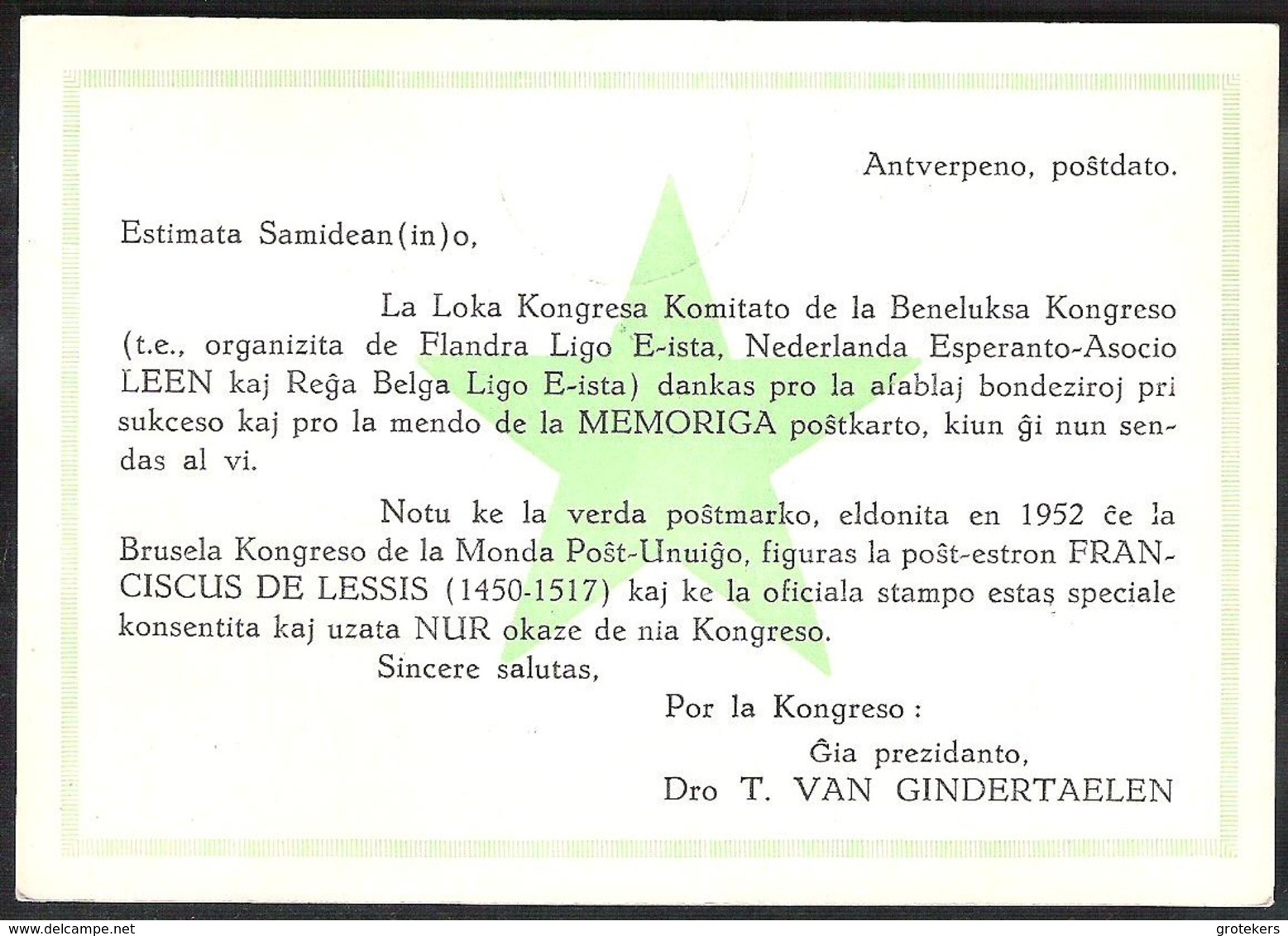 BELGUM Benelux Esperanto Congress 1953 With Special Cancellation - Andere & Zonder Classificatie