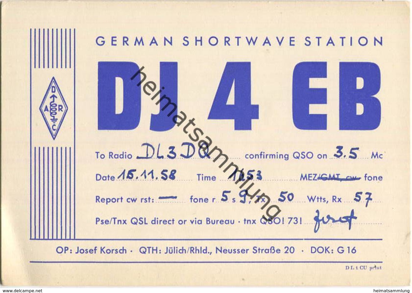 QSL - Funkkarte - DJ4EB - Jülich - 1958 - Amateurfunk