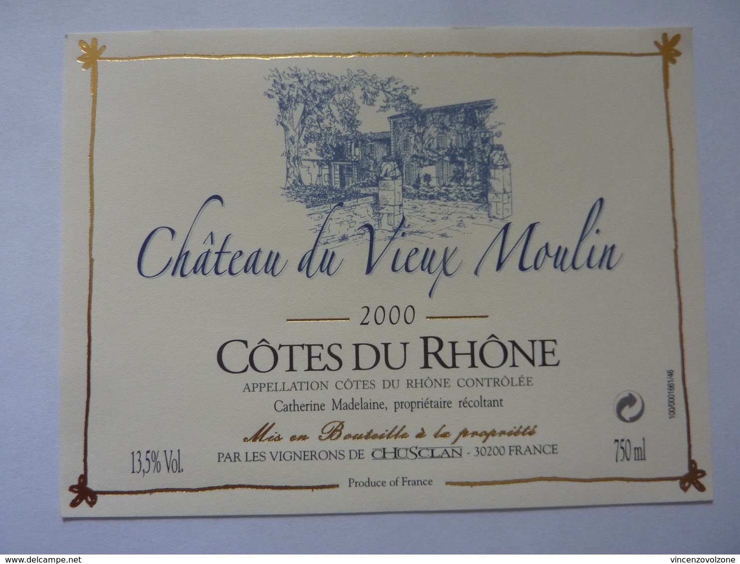 Etichetta "CHATEAU DU VIEUX MOULIN 2000 Cotes Du Rhone" - Côtes Du Rhône