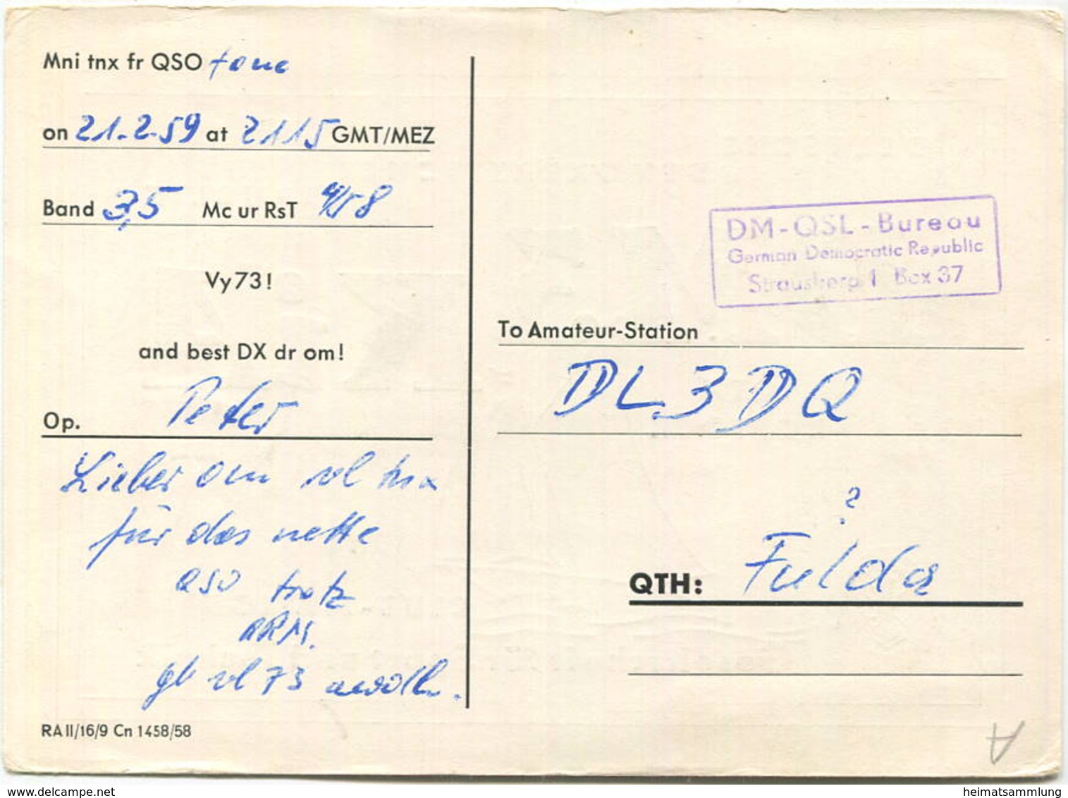 QSL - Funkkarte - DM3KiA - Rostock - Gesellschaft Für Sport Und Technik - 1959 - Amateurfunk