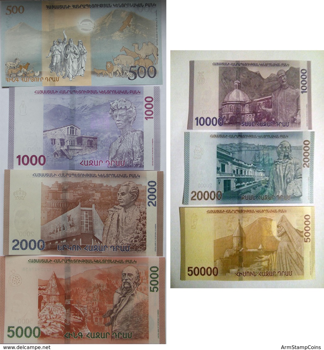 Armenia Arménie Armenien 2018 Complete Set Of Banknote - 500 1000 2000 5000 10000 20000 50000 Dram UNC Hybrid Technology - Armenien