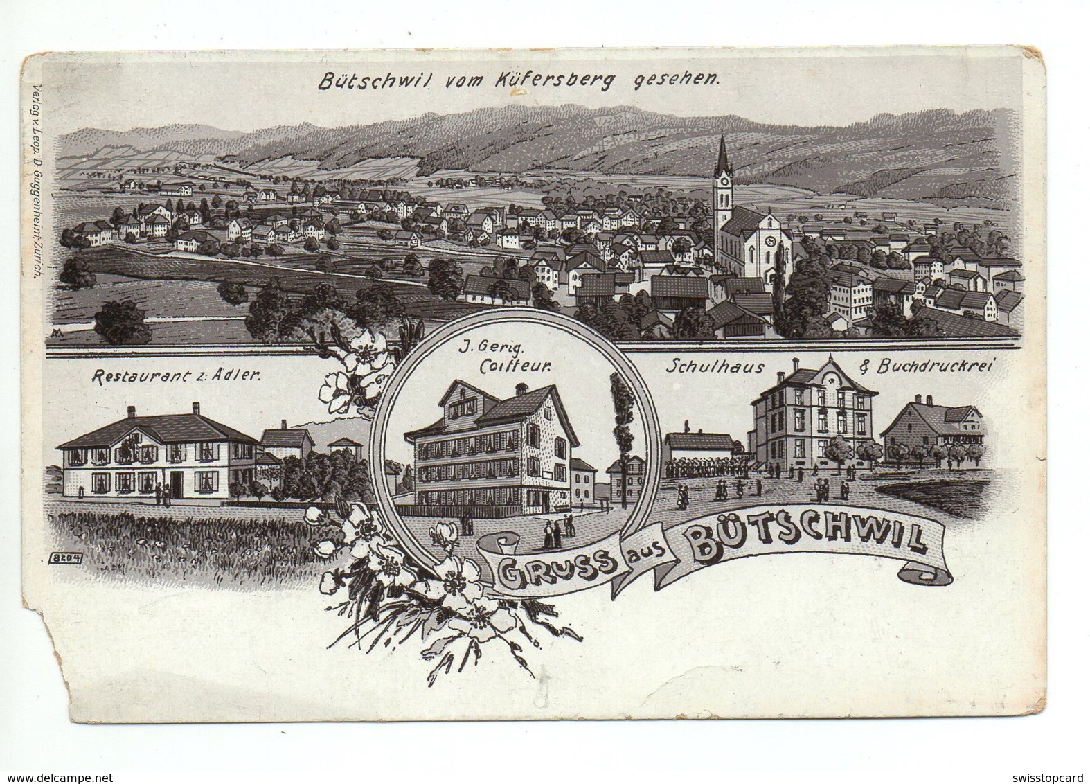 LITHO Braunton Gruss Aus BÜTSCHWIL Restaurant Z. Adler J. Gerig Coiffeur Schulhaus Buchdruckerei Guggenheim No. 8204 - Bütschwil-Ganterschwil