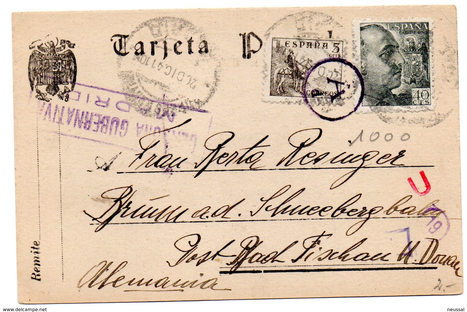 Tarjeta Postal Con Matasellos Censura De Madrid Y Matasellos Division Azul De 1941 - Storia Postale