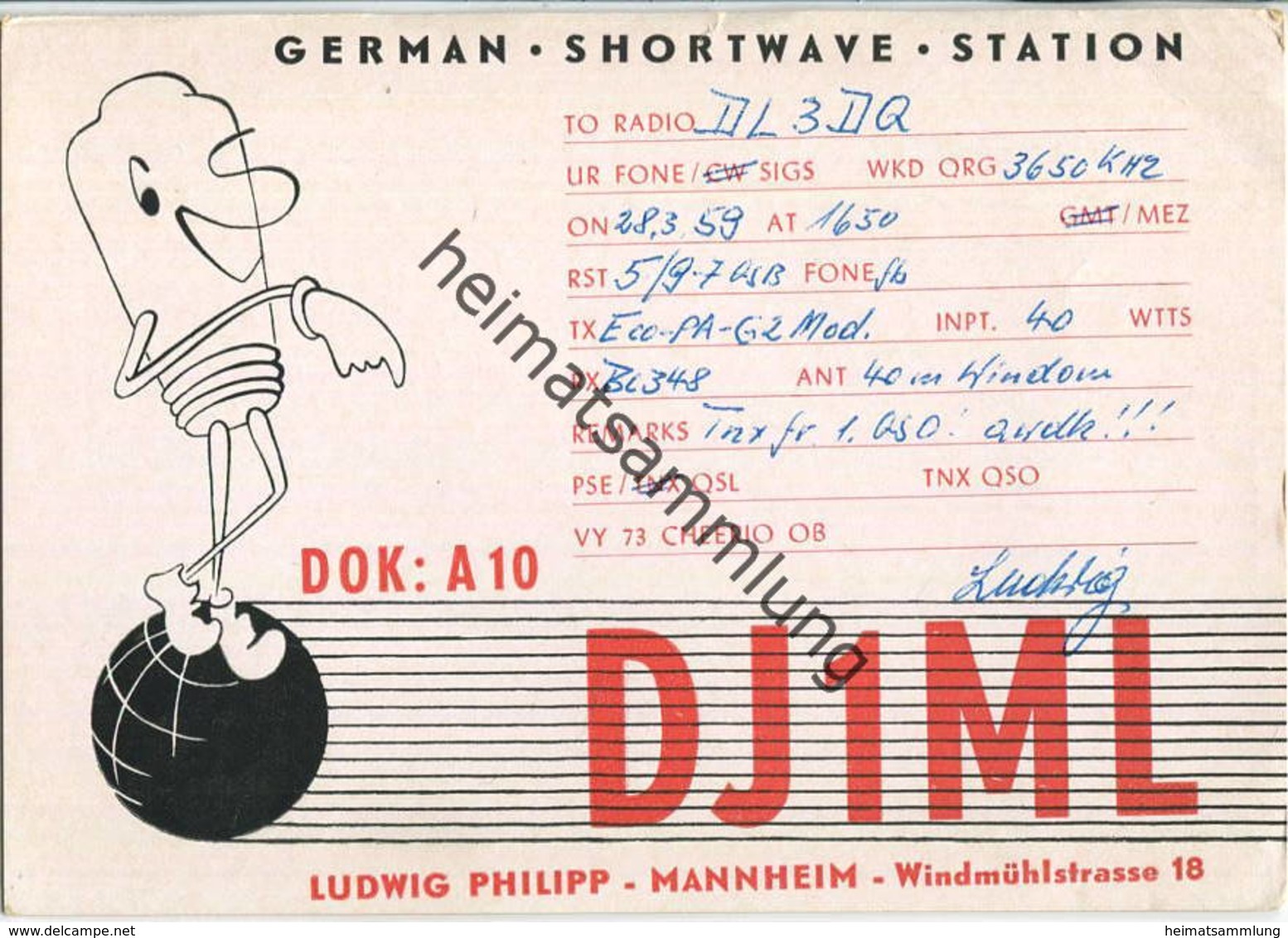 QSL - Funkkarte - DJ1ML - Mannheim - 1959 - Amateurfunk