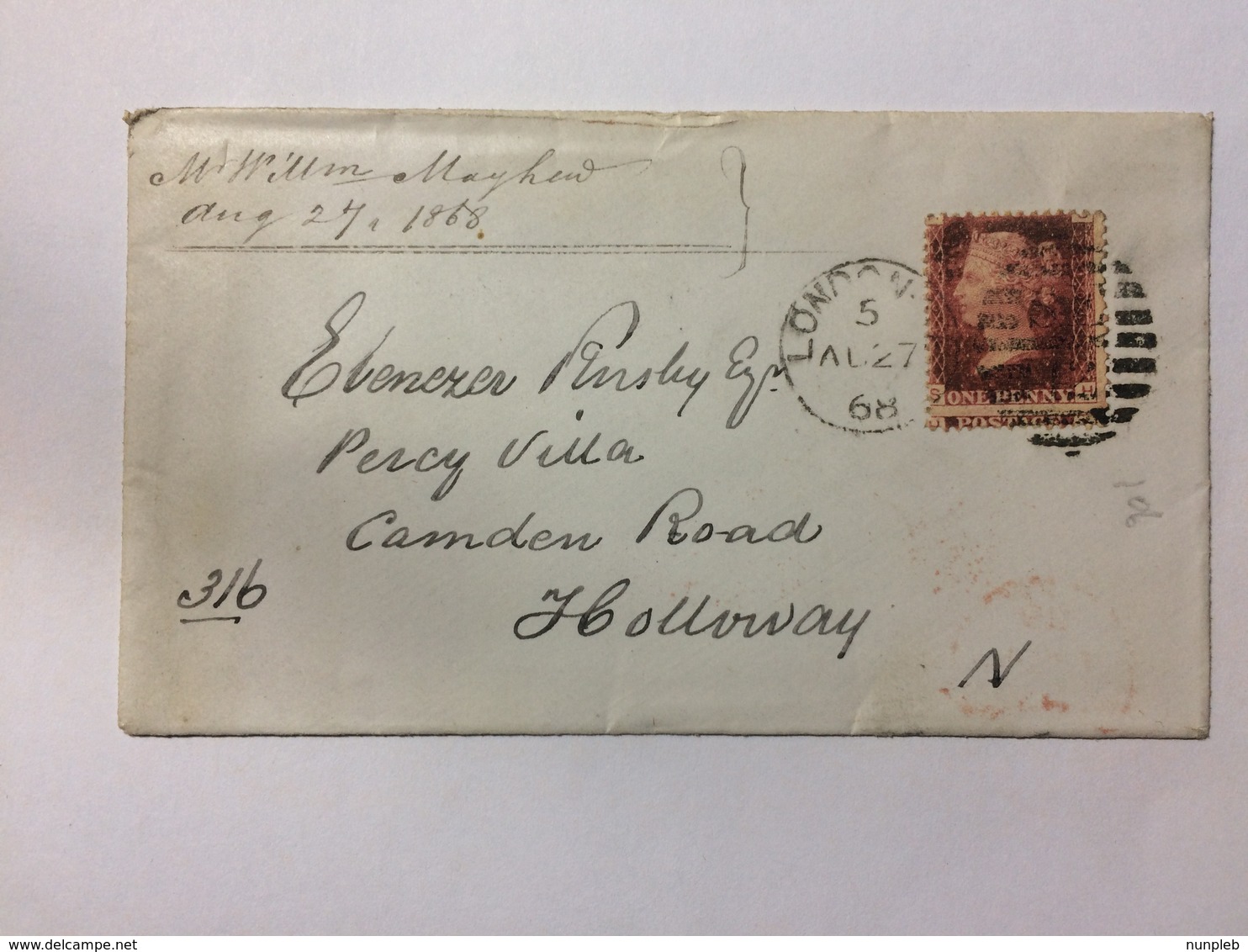GB 1868 Victoria Cover London Marks Tied With 1d Red Plate - Covers & Documents