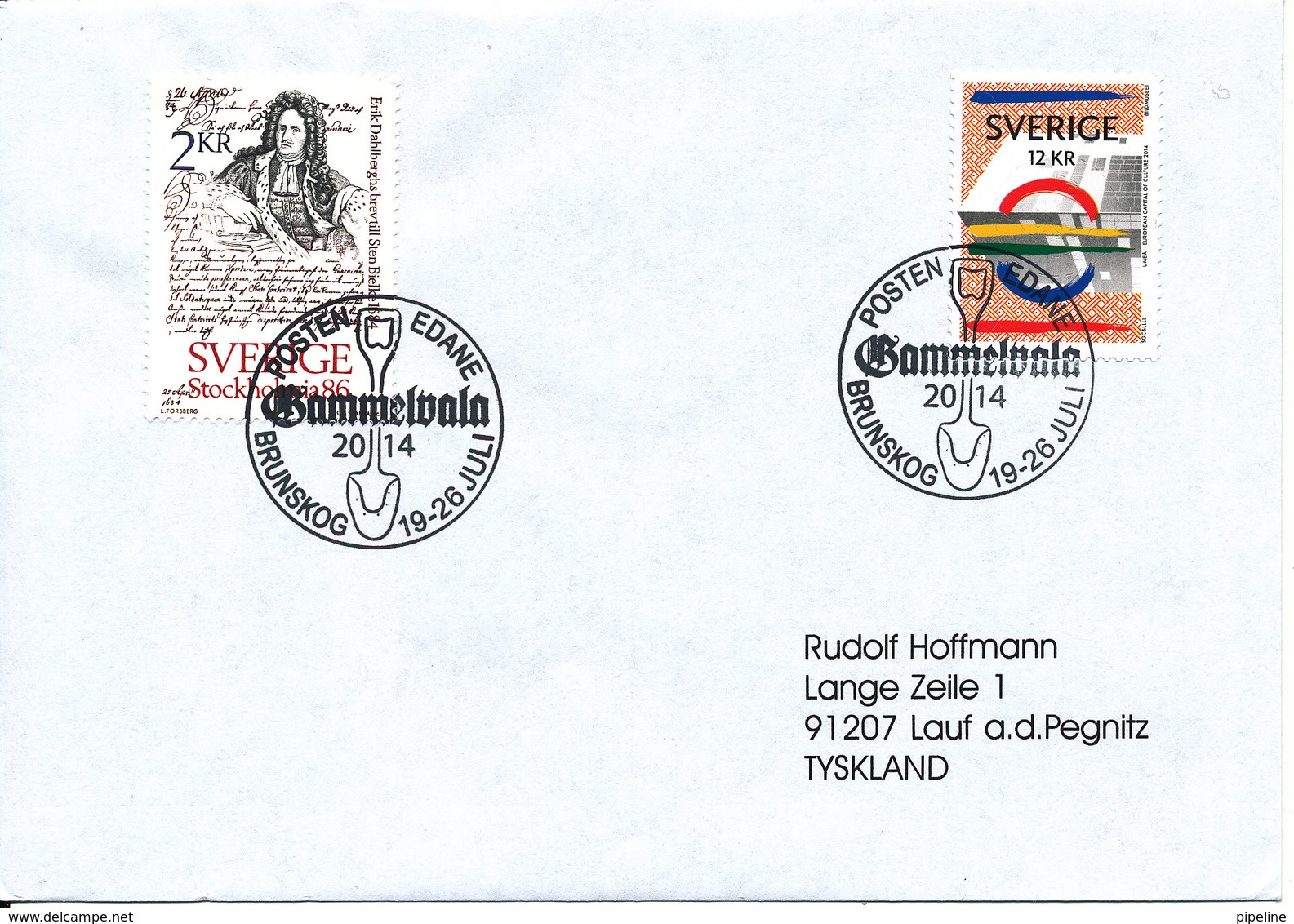 Sweden Cover With Special Postmark Posten Edane Gammelvala Brunskog 18-26/7-2014 Sent To Germany - Storia Postale